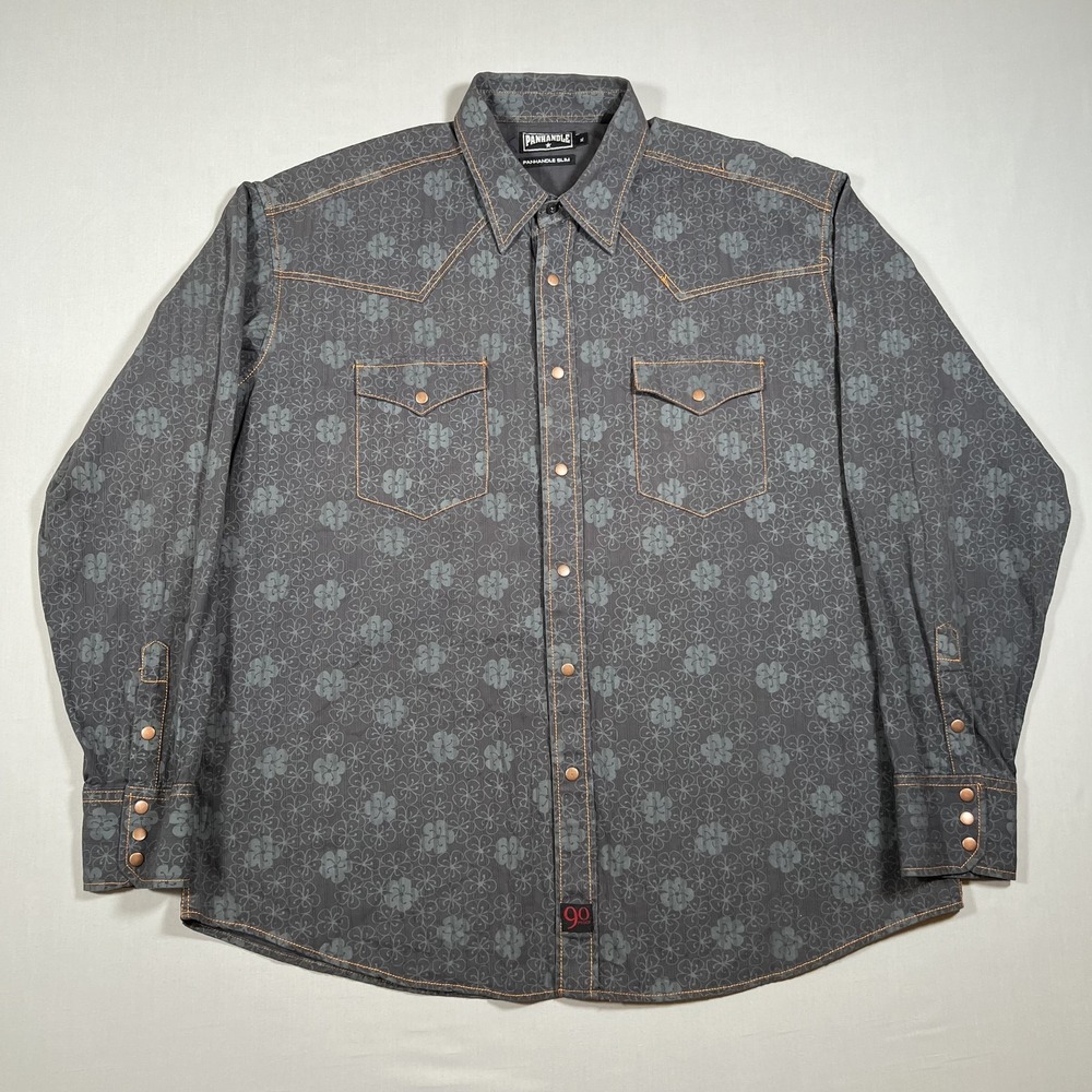 Panhandle Slim Mens XL Gray Floral Western Pearl Snap Shirt Long Sleeve Slim Fit